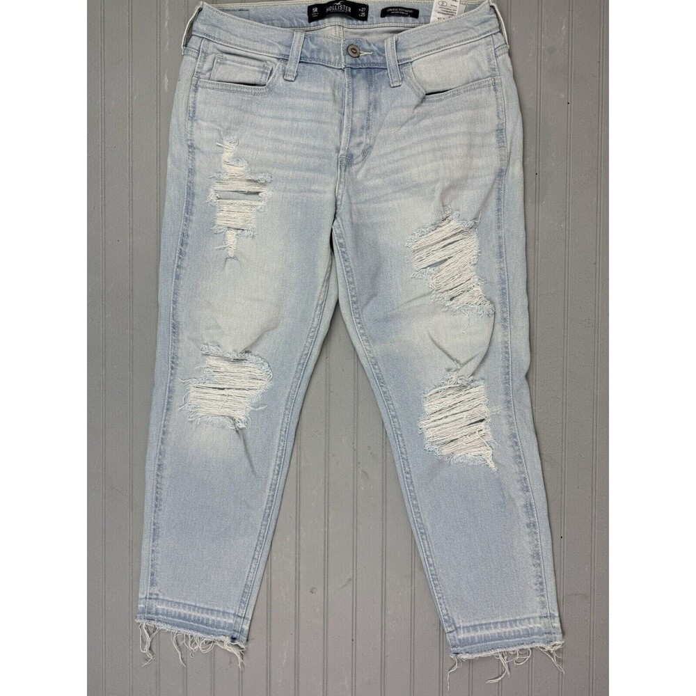 Hollister Size 5 Womens Jeans Low Rise Boyfriend Distress Raw Hem Light Wash